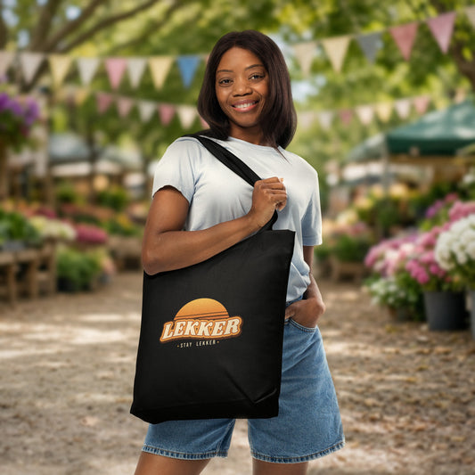 Stay Lekker Tote Bag in black with retro sunset 'LEKKER – stay lekker' print, carried at a sunny farmers market