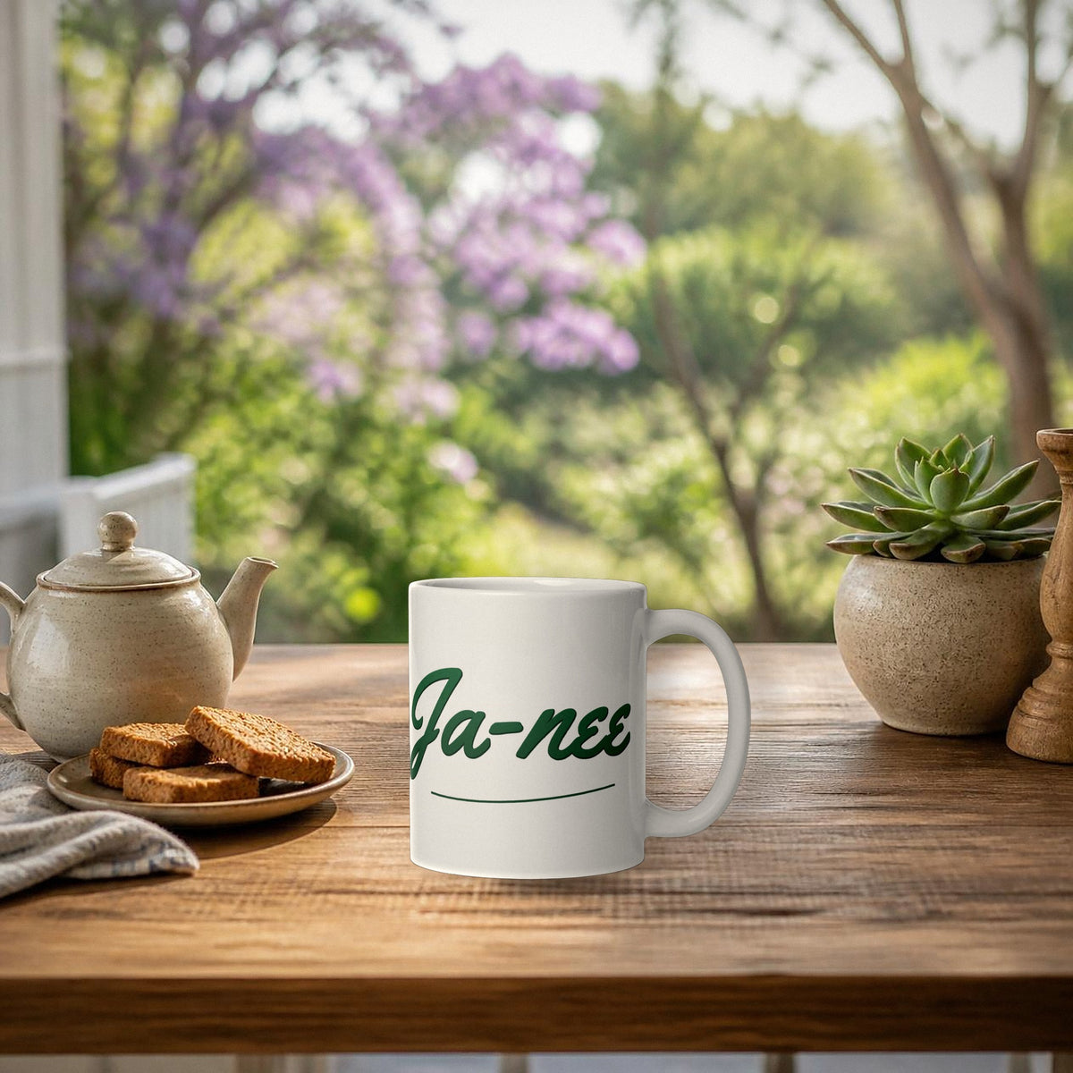 Ja-nee Mug – white Afrikaans coffee mug on a stoep table with rusks and a teapot in the morning