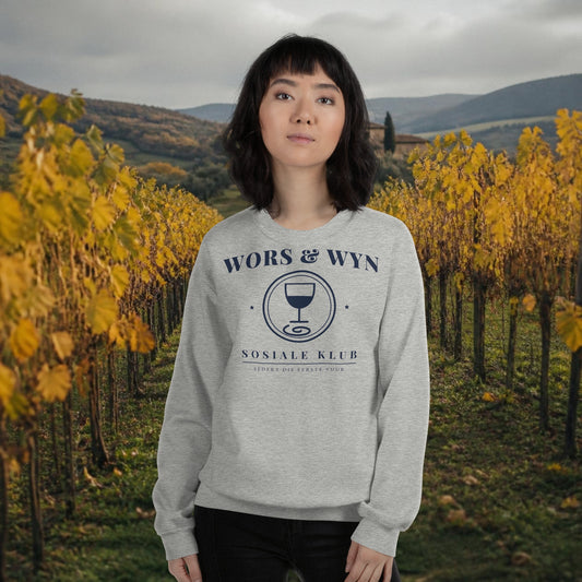 Wors & Wyn Sosiale Klub Crewneck in sport grey – woman wearing the sweatshirt in a Cape winelands vineyard