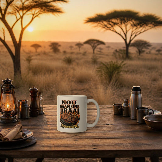 Nou Gaan Ons Braai Mug – white mug with 'World Tour' braai print on a bushveld camp table at sunrise