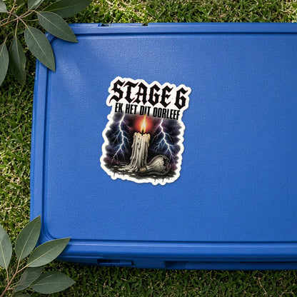 Stage 6 'Ek het dit oorleef' loadshedding sticker on a blue cooler box lid – funny South African vinyl sticker