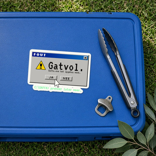 Fout: Gatvol sticker on a blue cooler box lid with braai tongs – retro error-window Afrikaans vinyl sticker